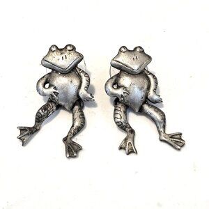 JJ Jonette Silver Pewter Articulated Frog Dangle Drop Earrings
